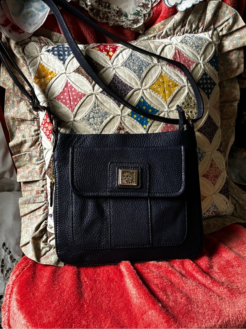 Anne Klein Pebbled Black Leather Crossbody Bag with Gold Accent